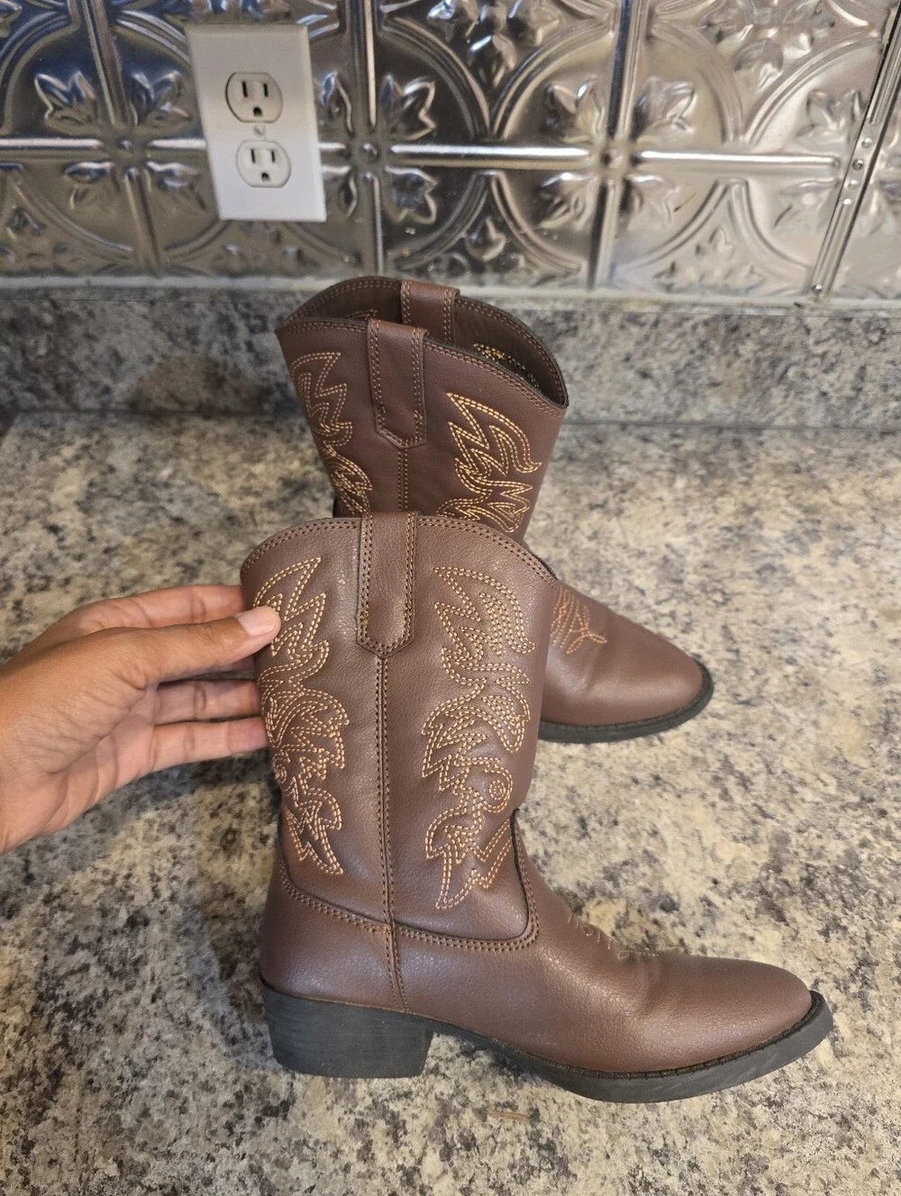 Deer Stags Ranch Cowboy Western Dark Brown Faux Leather Boots Boys Girls Sz 13c